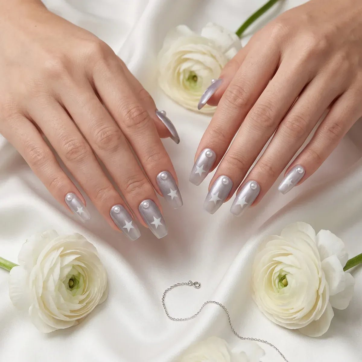 Kentrim lavender cat eye star pearl medium coffin press on nails, set of 30 pieces in 15 sizes, stylish and decorative nail extensions Main image