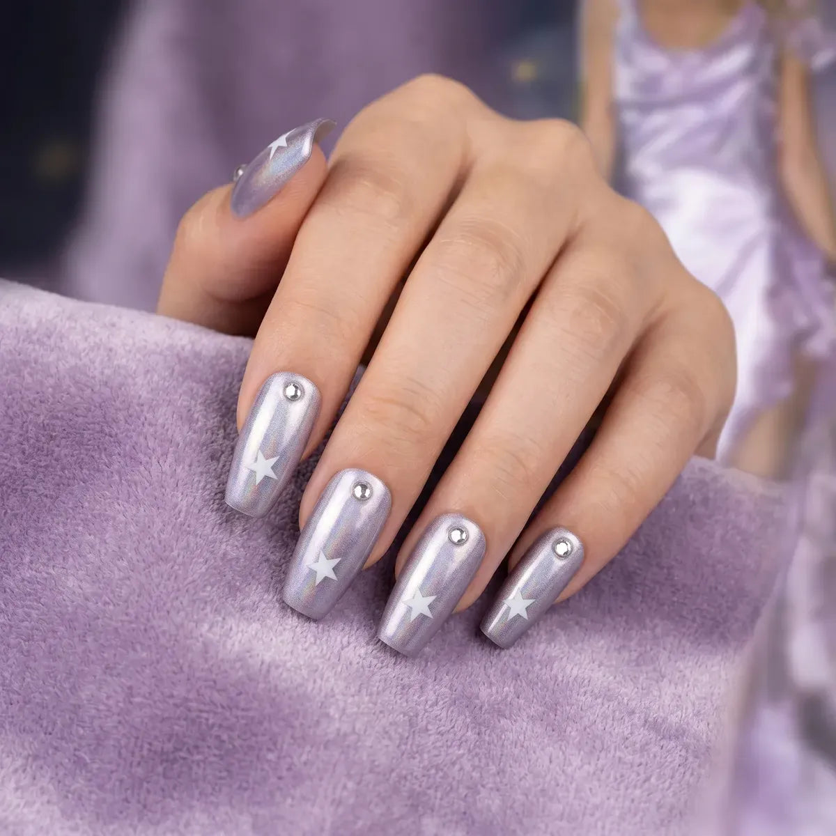 Press on Nails Kentrim Lavender Cat Eye Star Pearl Medium Coffin Press On Nails - 30 Pieces, 15 Sizes Purple