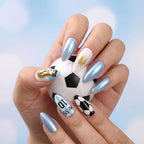 Kentrim Light Blue Silver Aurora Stripe Soccer Fan Short Square Sports Press On Nails - 24 Pieces 12 Sizes