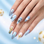 Kentrim Light Blue Silver Aurora Stripe Soccer Fan Short Square Sports Press On Nails - 24 Pieces 12 Sizes