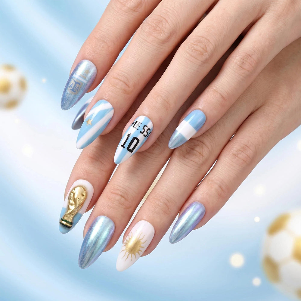 Kentrim Light Blue Silver Aurora Stripe Soccer Fan Short Square Sports Press On Nails - 24 Pieces 12 Sizes