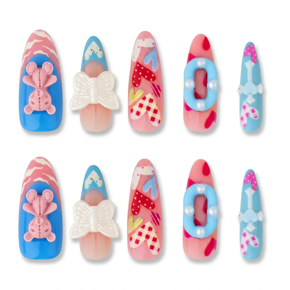 Kentrim Macaron Bear Butterfly Heart Almond Press On Nails - 30 Pieces, 15 Sizes Secondary image