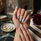 Press on Nails Kentrim Macaron Clown Face Checkered Star Rhinestone Long Almond Press On Nails - 24 Pieces 12 Sizes Green