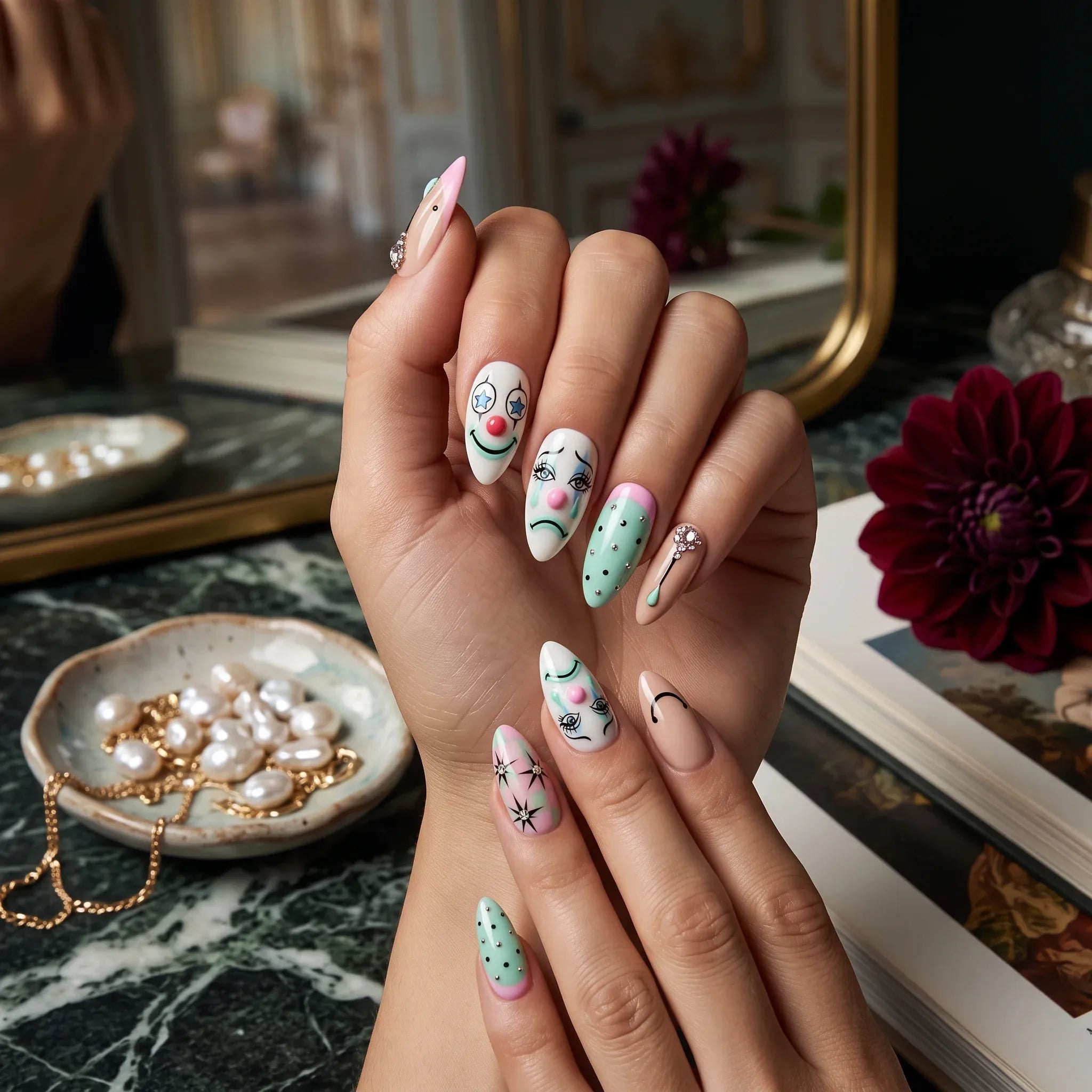 Press on Nails Kentrim Macaron Clown Face Checkered Star Rhinestone Long Almond Press On Nails - 24 Pieces 12 Sizes Green