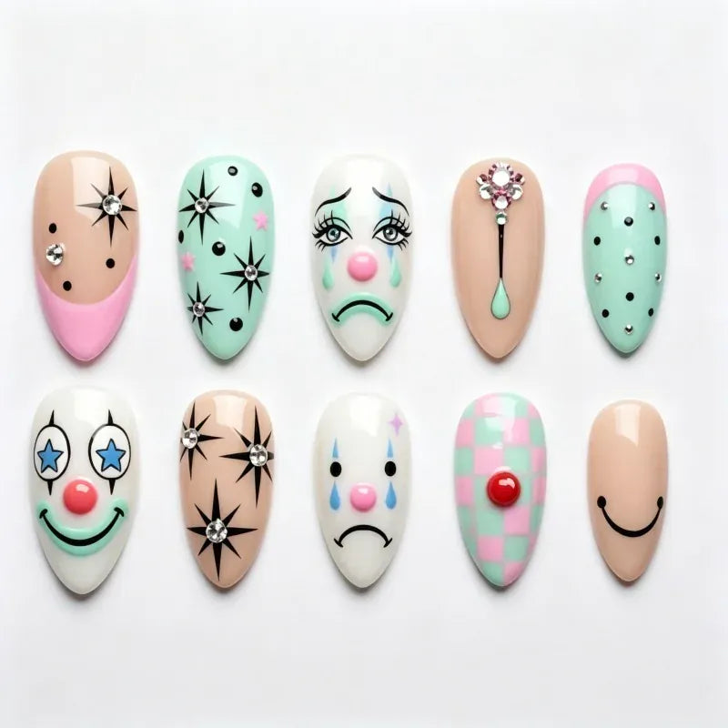 Kentrim Macaron Clown Face Checkered Star Rhinestone Long Almond Press On Nails - 24 Pieces 12 Sizes Secondary image