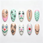 Press on Nails Kentrim Macaron Clown Face Checkered Star Rhinestone Long Almond Press On Nails - 24 Pieces 12 Sizes Green