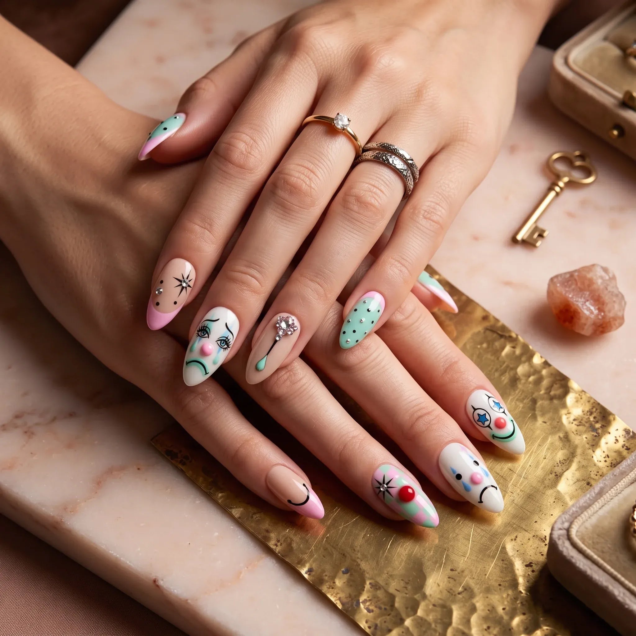 Kentrim Macaron clown face checkered star rhinestone almond press-on nails set with 24 pieces in 12 sizes Main image
