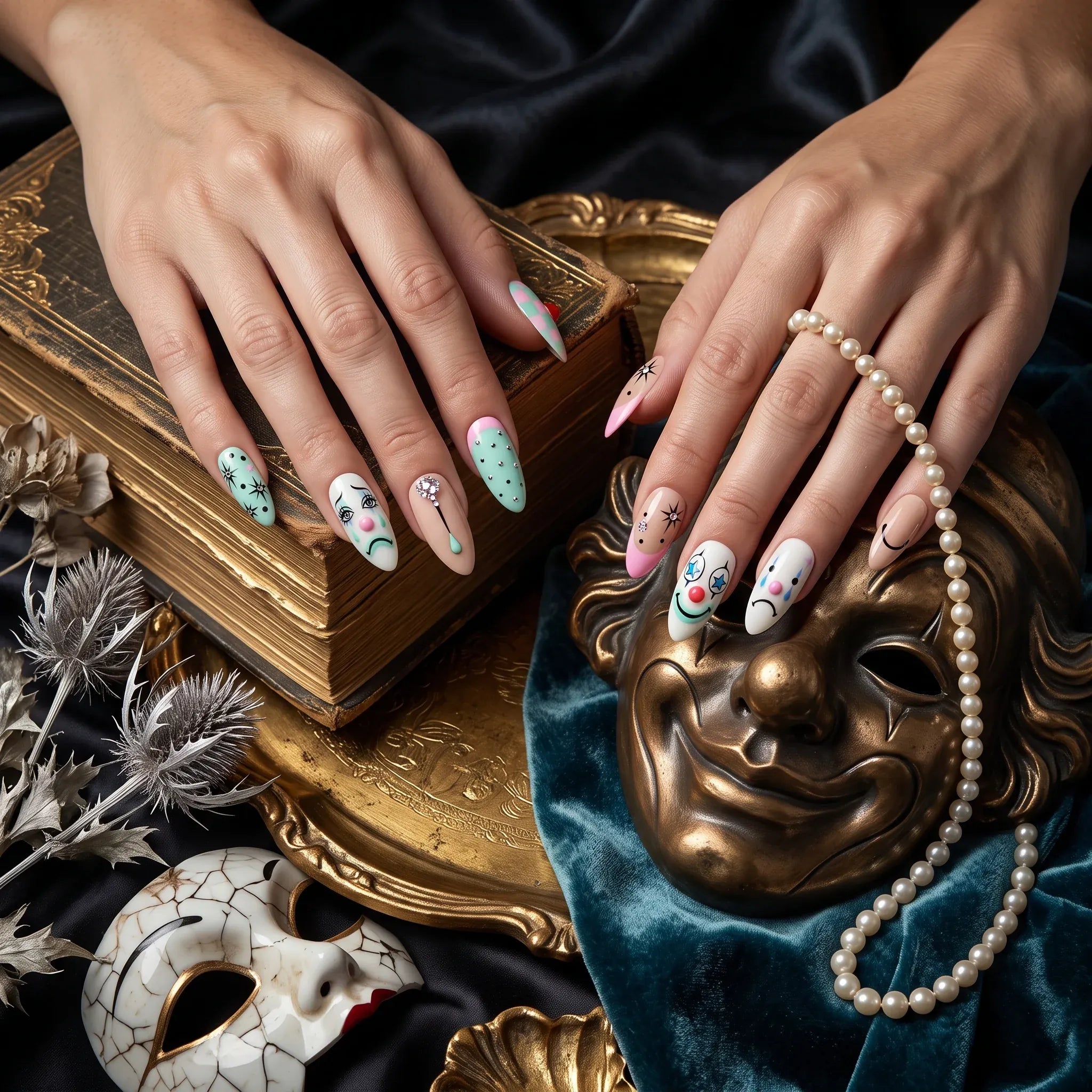 Press on Nails Kentrim Macaron Clown Face Checkered Star Rhinestone Long Almond Press On Nails - 24 Pieces 12 Sizes Green