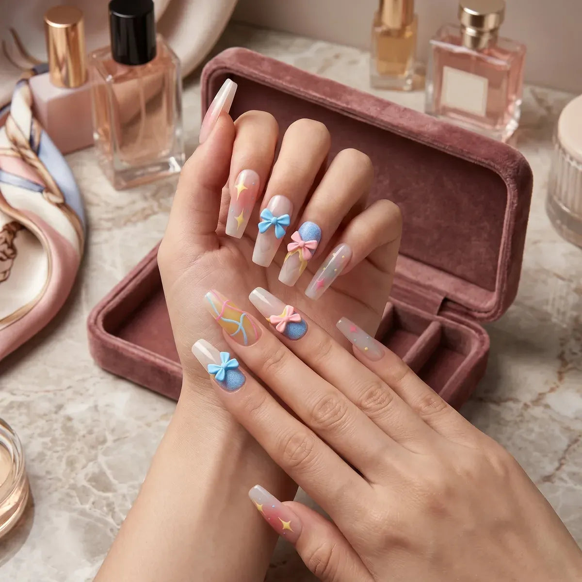 Press on Nails Kentrim Macaron Gradient Star Bow Long Coffin Press On Nails - 30 Pieces, 15 Sizes Pink