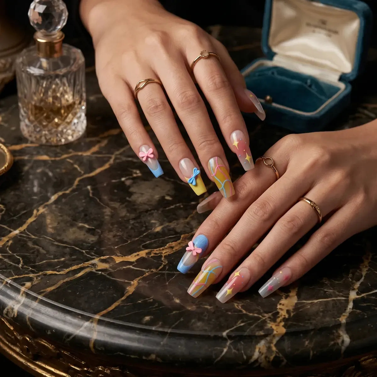 Kentrim macaron gradient star bow long coffin press-on nails in 15 sizes, set of 30 stylish artificial nail tips for elegant manicures Main image