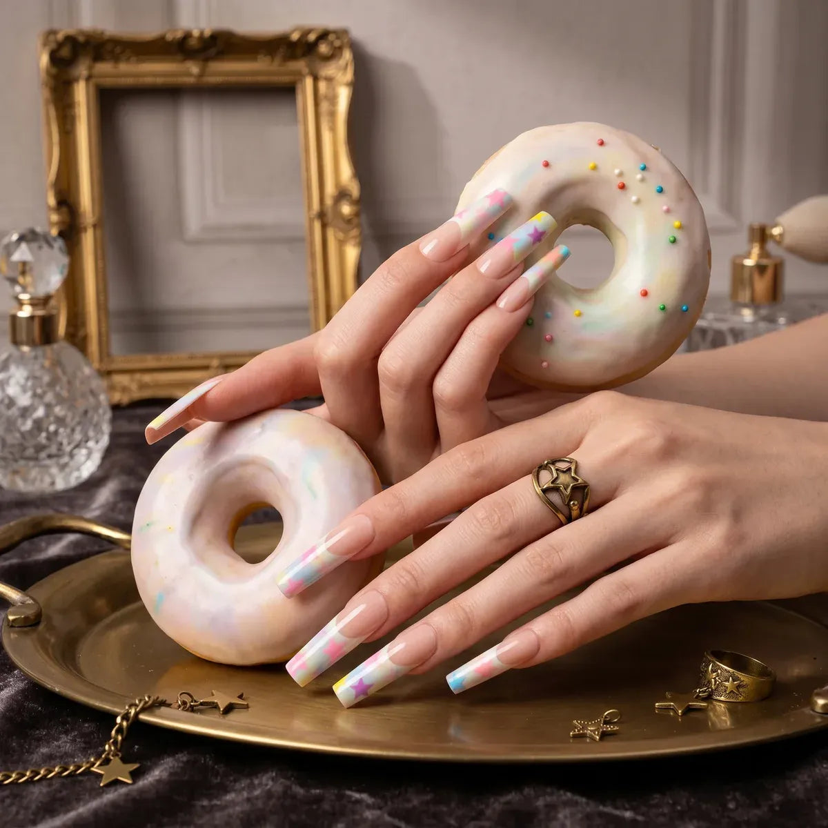 Press on Nails Kentrim Macaron Rainbow Gradient Star Long Coffin Press On Nails - 30 Pieces, 15 Sizes Pink