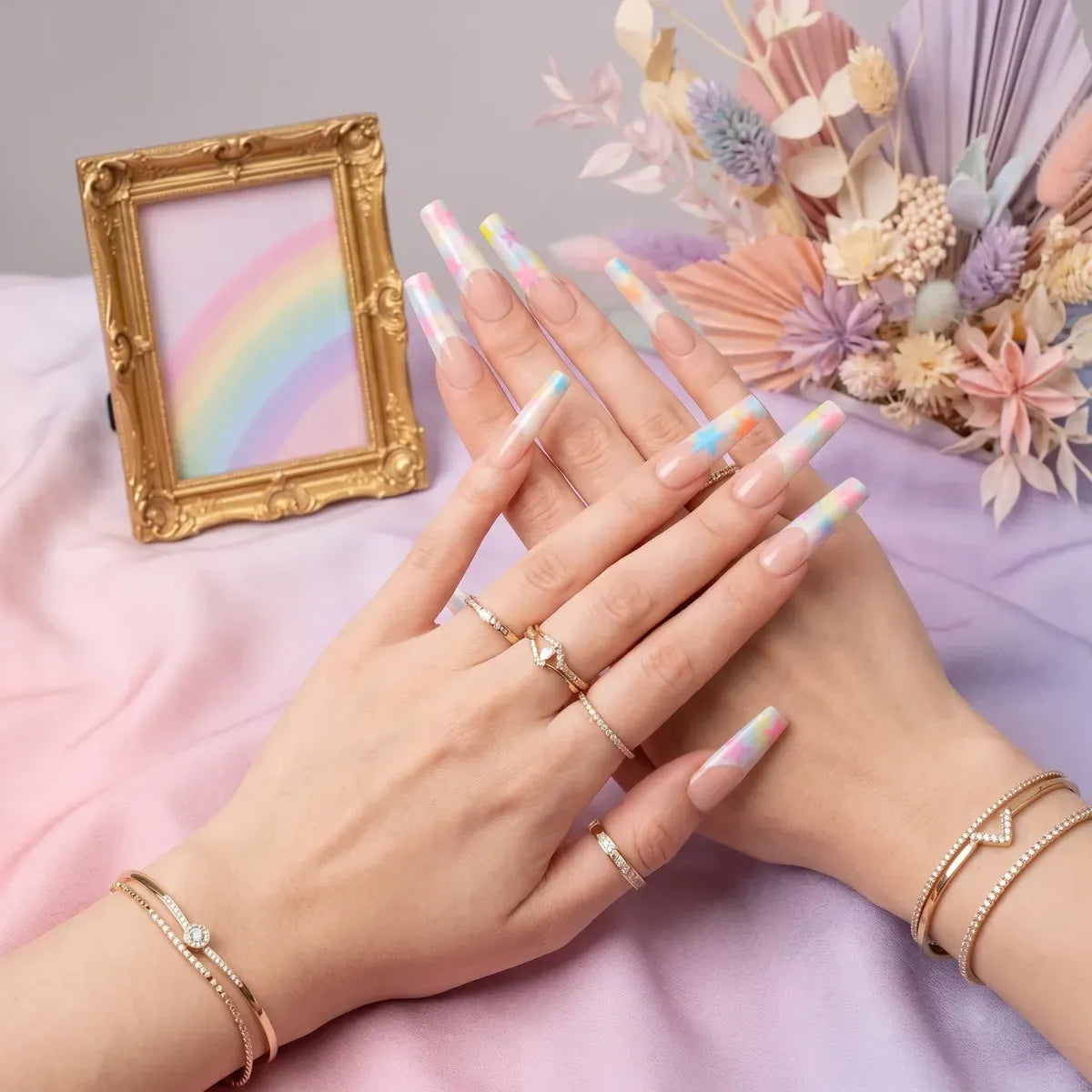 Kentrim rainbow gradient star long coffin press on nails with 30 pieces in 15 sizes, showcasing colorful, stylish nail designs. Main image