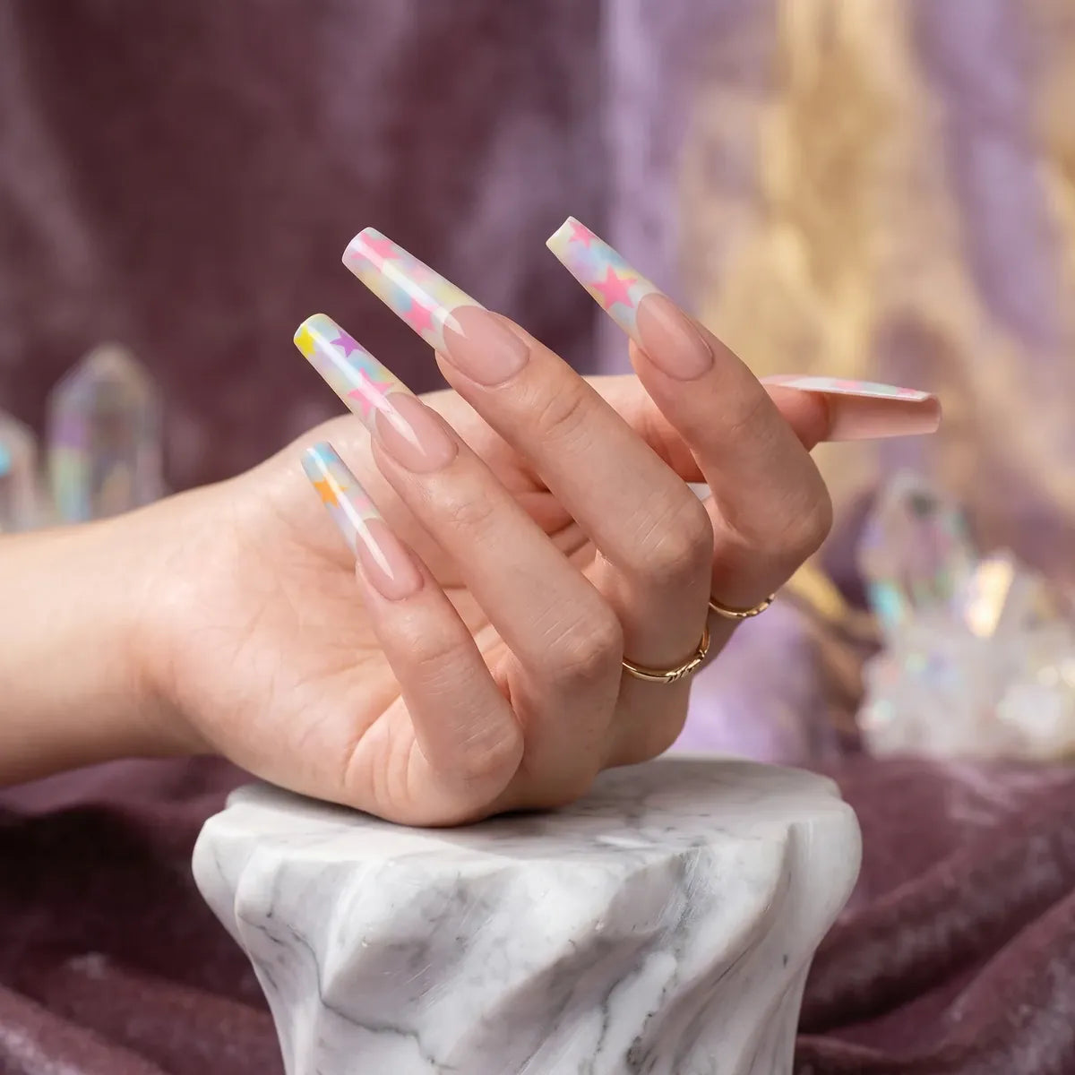 Press on Nails Kentrim Macaron Rainbow Gradient Star Long Coffin Press On Nails - 30 Pieces, 15 Sizes Pink