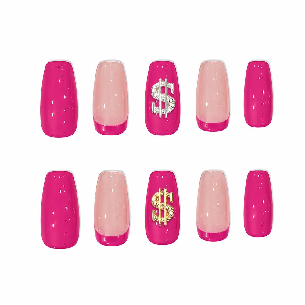 Press on Nails Kentrim Multi Color French  Sign Medium Coffin Dollar Press On Nails-10 Pieces (Single Size) Hot Pink