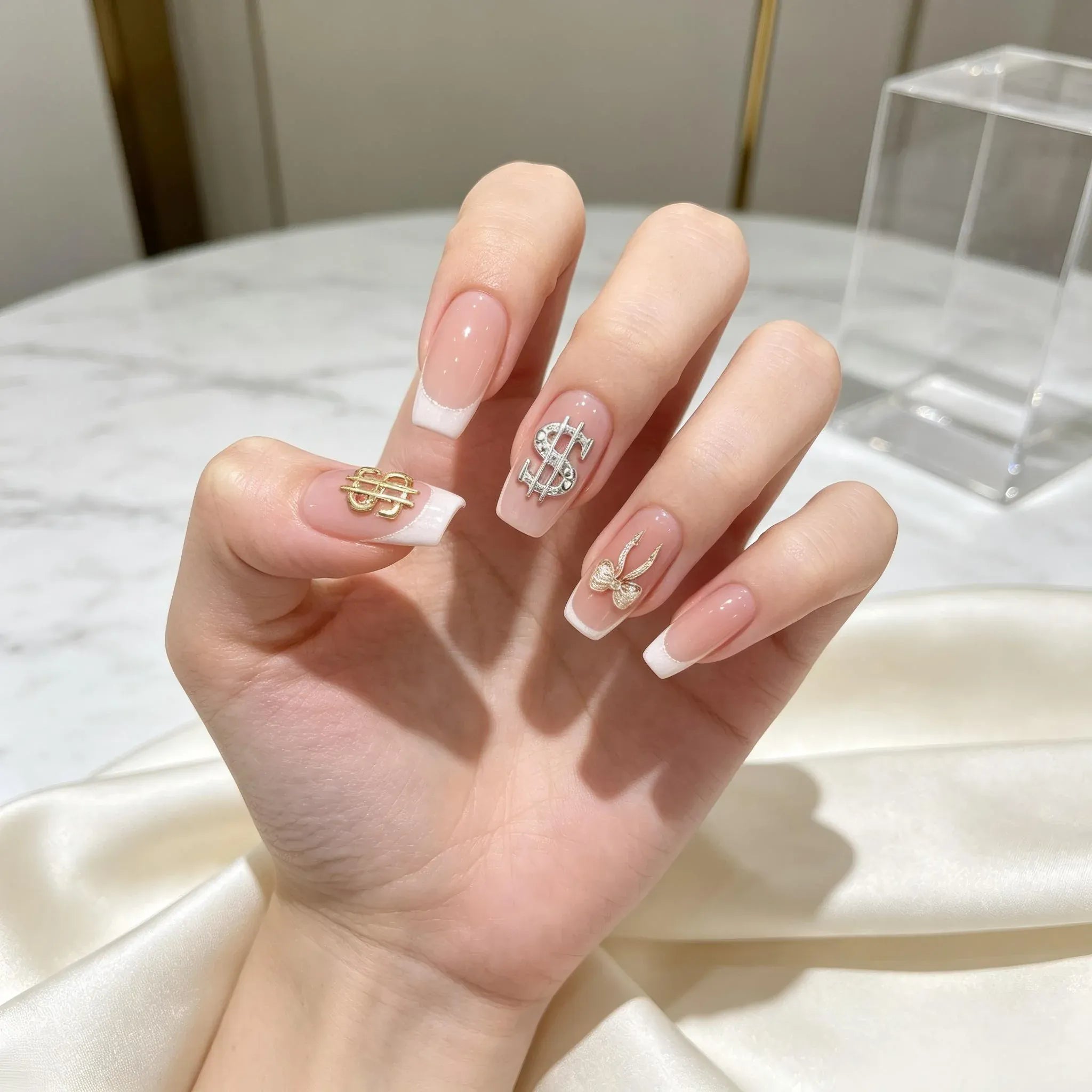 Press on Nails Kentrim Multi Color French  Sign Medium Coffin Dollar Press On Nails-10 Pieces (Single Size)