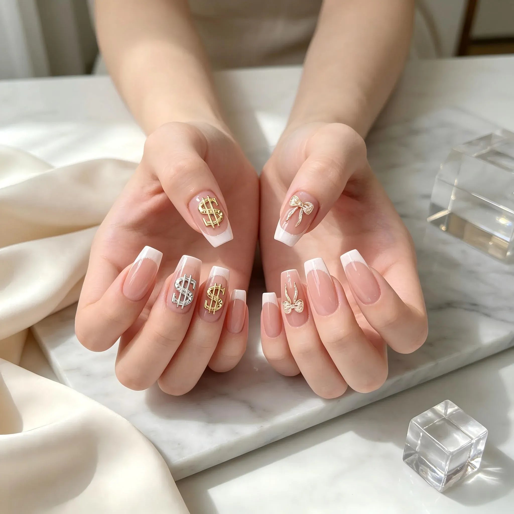 Press on Nails Kentrim Multi Color French  Sign Medium Coffin Dollar Press On Nails-10 Pieces (Single Size)