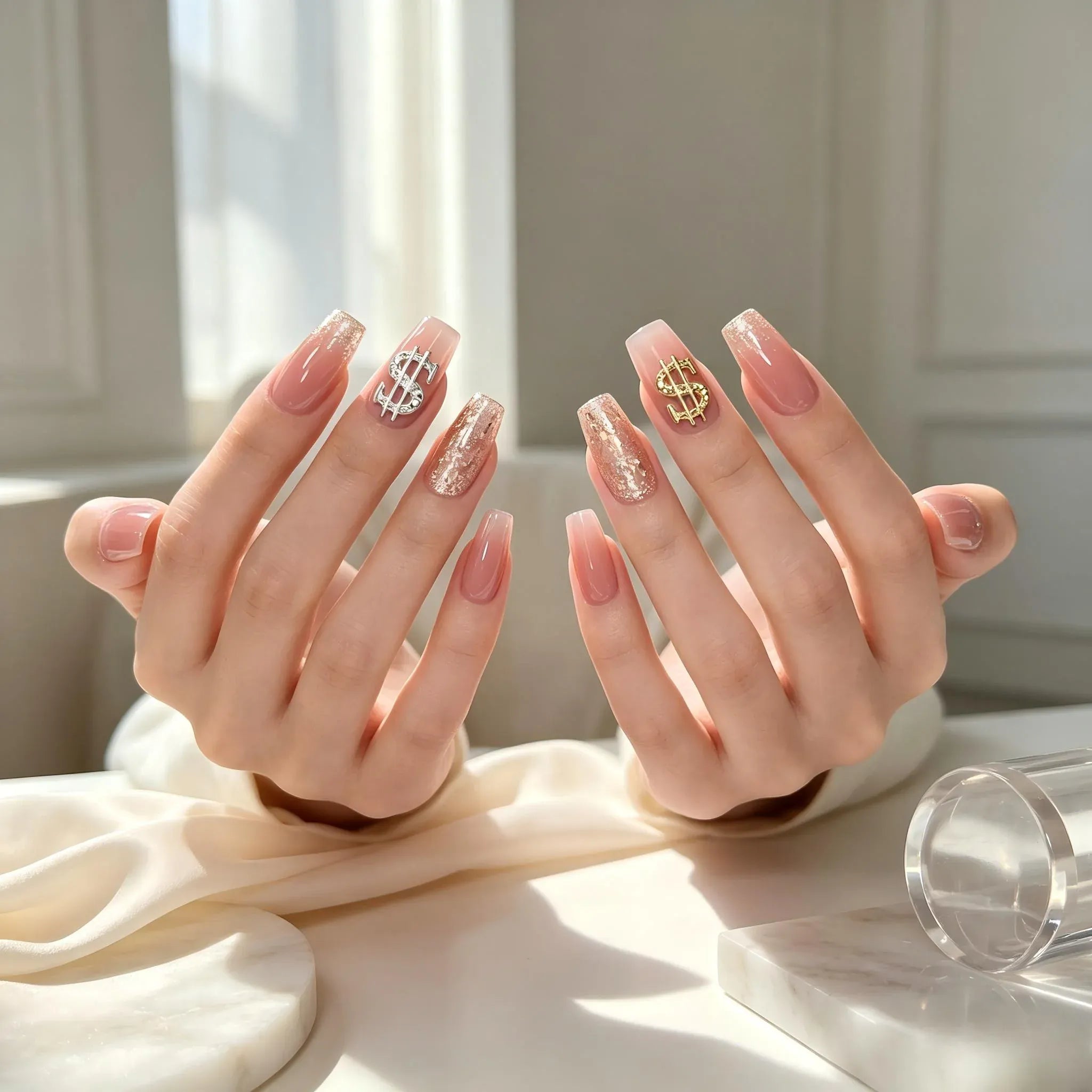 Press on Nails Kentrim Multi Color French  Sign Medium Coffin Dollar Press On Nails-10 Pieces (Single Size)