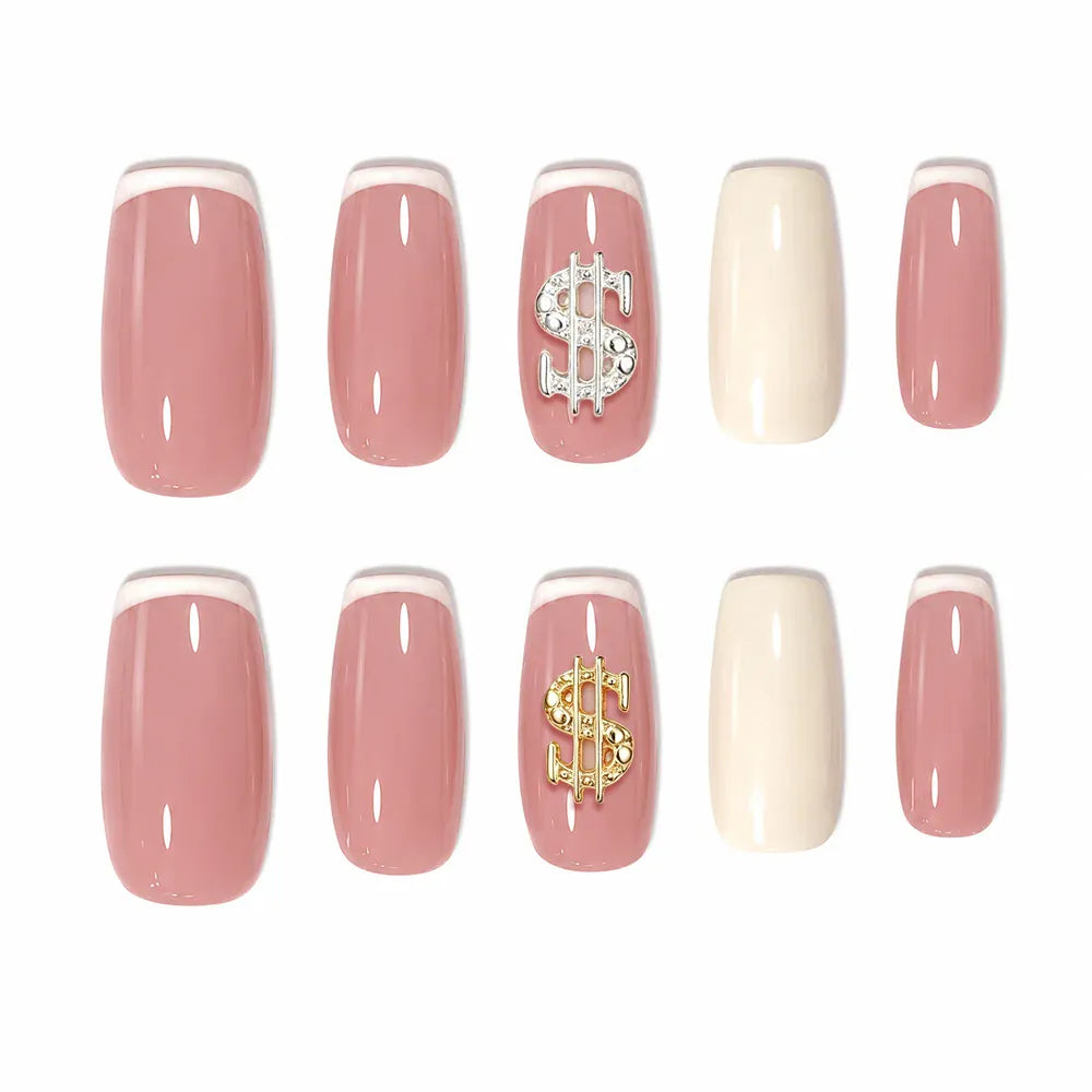 Press on Nails Kentrim Multi Color French  Sign Medium Coffin Dollar Press On Nails-10 Pieces (Single Size) Pink