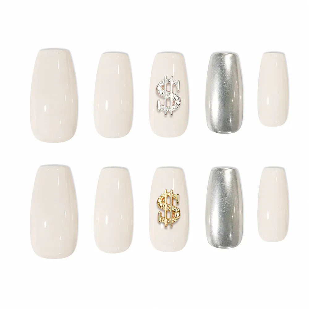 Press on Nails Kentrim Multi Color French  Sign Medium Coffin Dollar Press On Nails-10 Pieces (Single Size) White