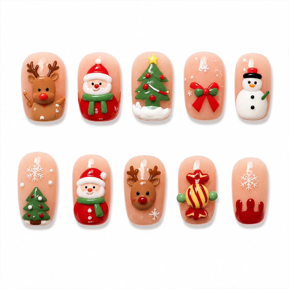 Press on Nails Kentrim Nude 3D Santa Reindeer Snowman Christmas Medium Almond Press On Nails - 30 Pieces, 15 Sizes Pink
