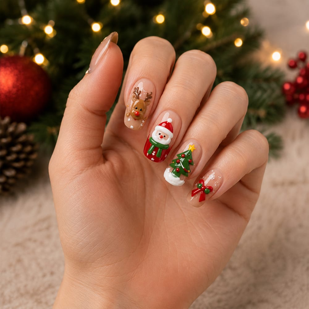 Press on Nails Kentrim Nude 3D Santa Reindeer Snowman Christmas Medium Almond Press On Nails - 30 Pieces, 15 Sizes Pink