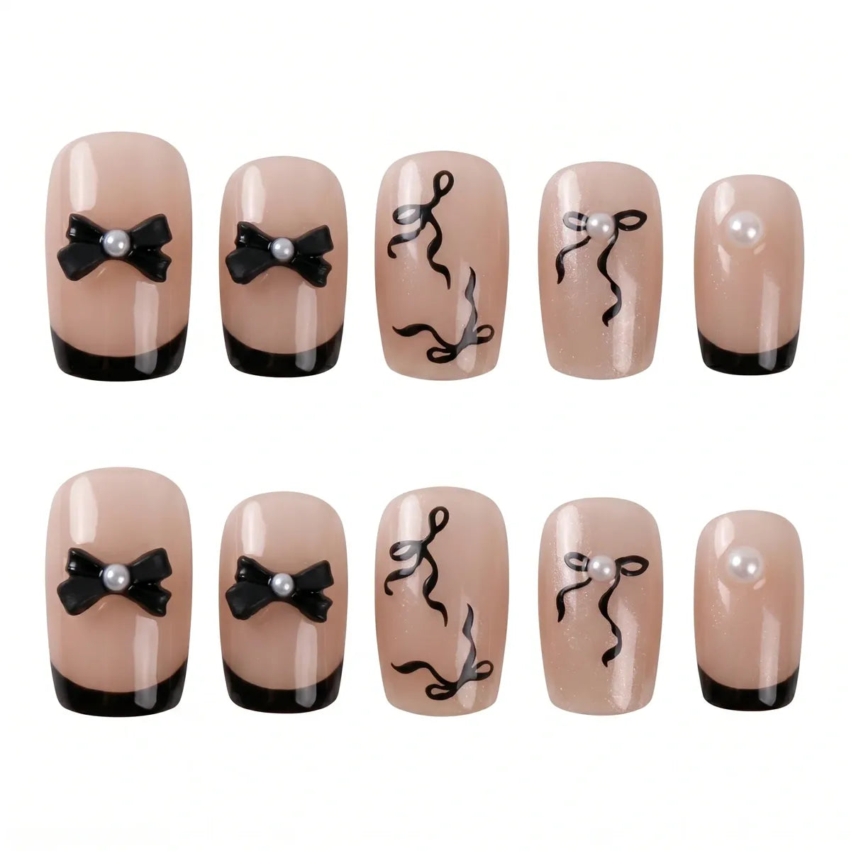 Kentrim Nude Black French Bow Pearl Medium Square Press On Nails - 30 Pieces, 15 Sizes Secondary image