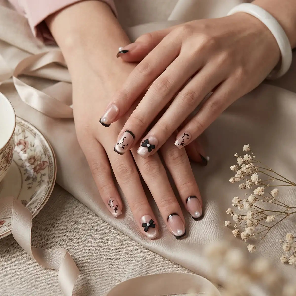 Kentrim nude black French bow and pearl medium square press-on nails, 30-piece set with 15 sizes for easy at-home manicures. Main image