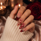 Press on Nails Kentrim Nude Burgundy Plaid Heart Rhinestone Long Almond Press On Nails - 30 Pieces, 15 Sizes Red