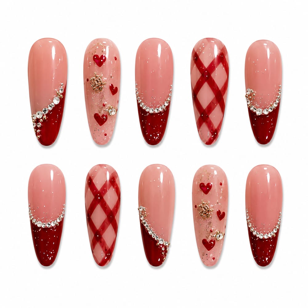 Press on Nails Kentrim Nude Burgundy Plaid Heart Rhinestone Long Almond Press On Nails - 30 Pieces, 15 Sizes Red Main image