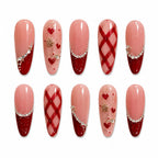 Press on Nails Kentrim Nude Burgundy Plaid Heart Rhinestone Long Almond Press On Nails - 30 Pieces, 15 Sizes Red
