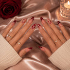 Press on Nails Kentrim Nude Burgundy Plaid Heart Rhinestone Long Almond Press On Nails - 30 Pieces, 15 Sizes Red