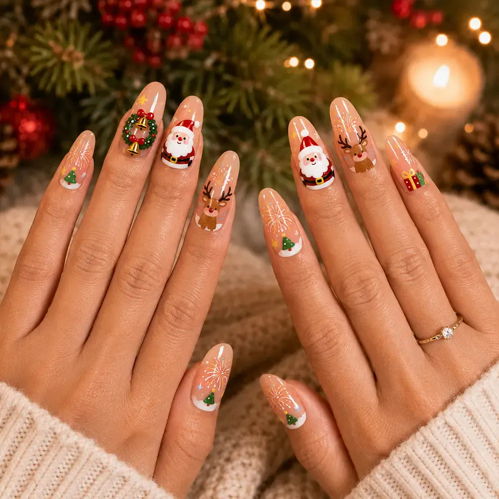 Press on Nails Kentrim Nude Cute Santa Reindeer Wreath Gift Medium Oval Christmas Press On Nails - 30 Pieces, 15 Sizes Pink