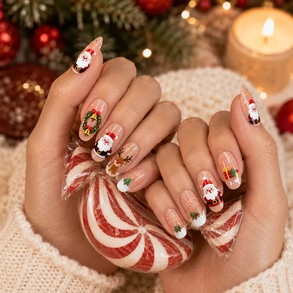Press on Nails Kentrim Nude Cute Santa Reindeer Wreath Gift Medium Oval Christmas Press On Nails - 30 Pieces, 15 Sizes Pink