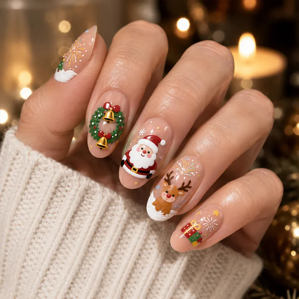 Press on Nails Kentrim Nude Cute Santa Reindeer Wreath Gift Medium Oval Christmas Press On Nails - 30 Pieces, 15 Sizes Pink