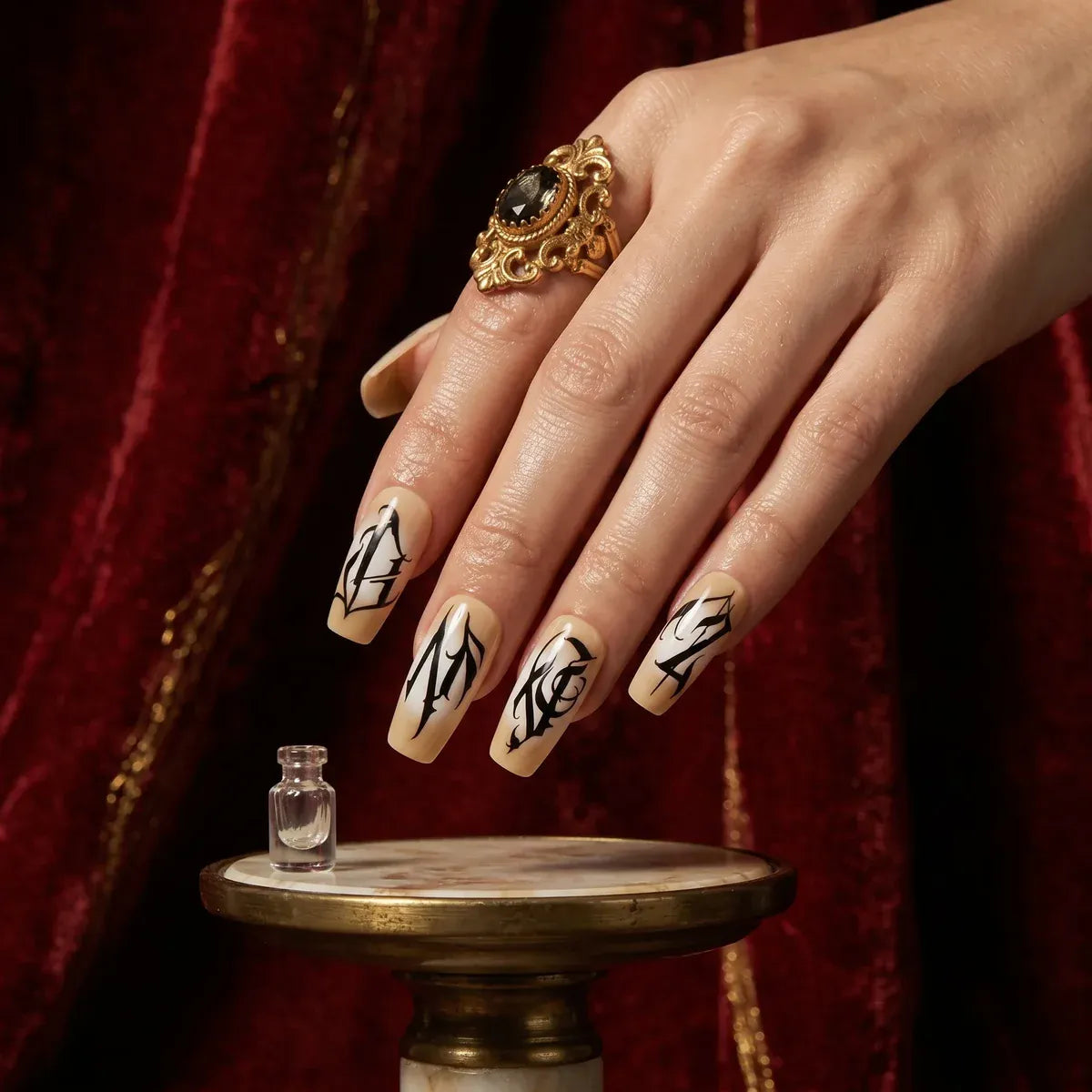 Press on Nails Kentrim Nude Gradient Gothic Script Long Coffin Press On Nails - 30 Pieces, 15 Sizes Beige