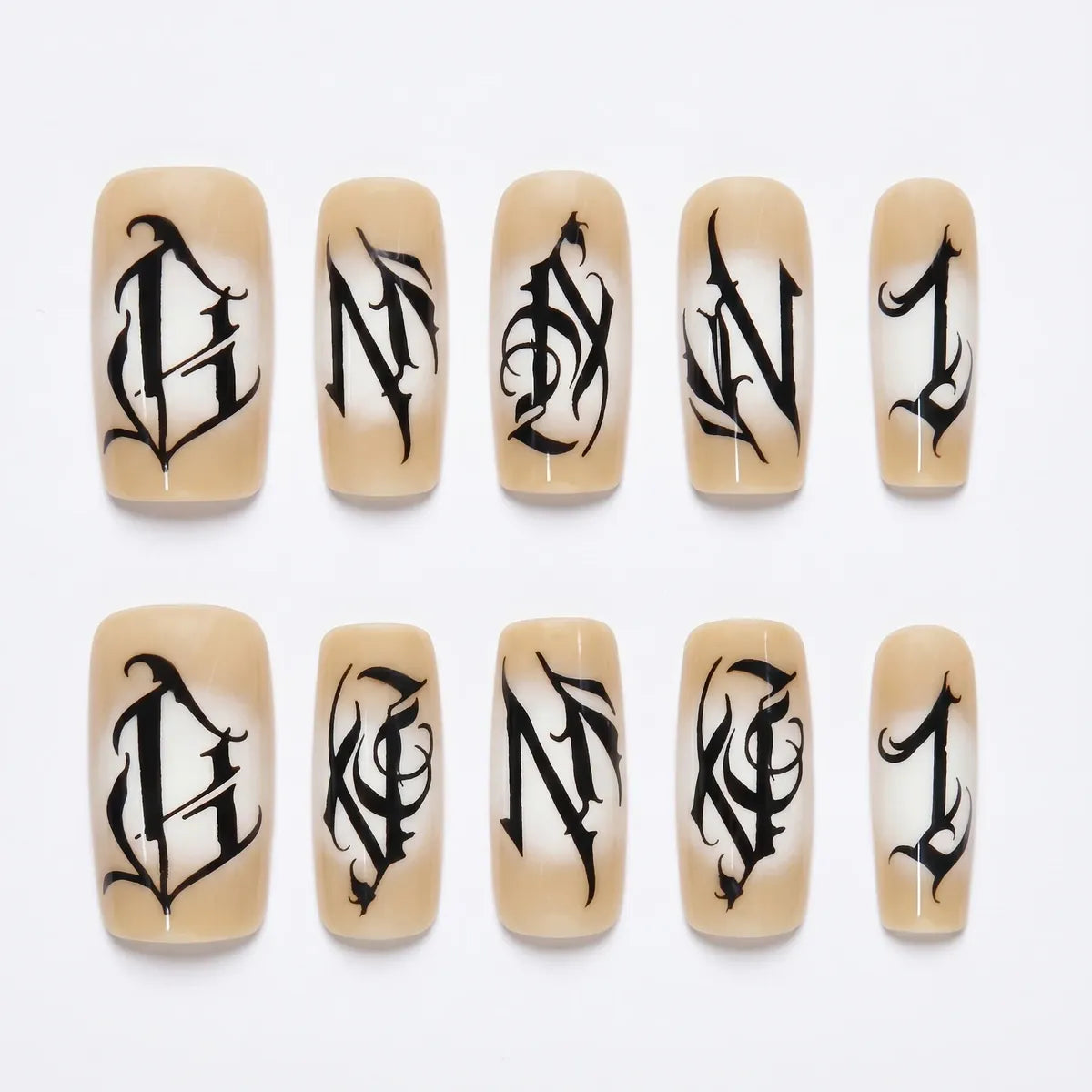 Kentrim Nude Gradient Gothic Script Long Coffin Press On Nails - 30 Pieces, 15 Sizes Secondary image