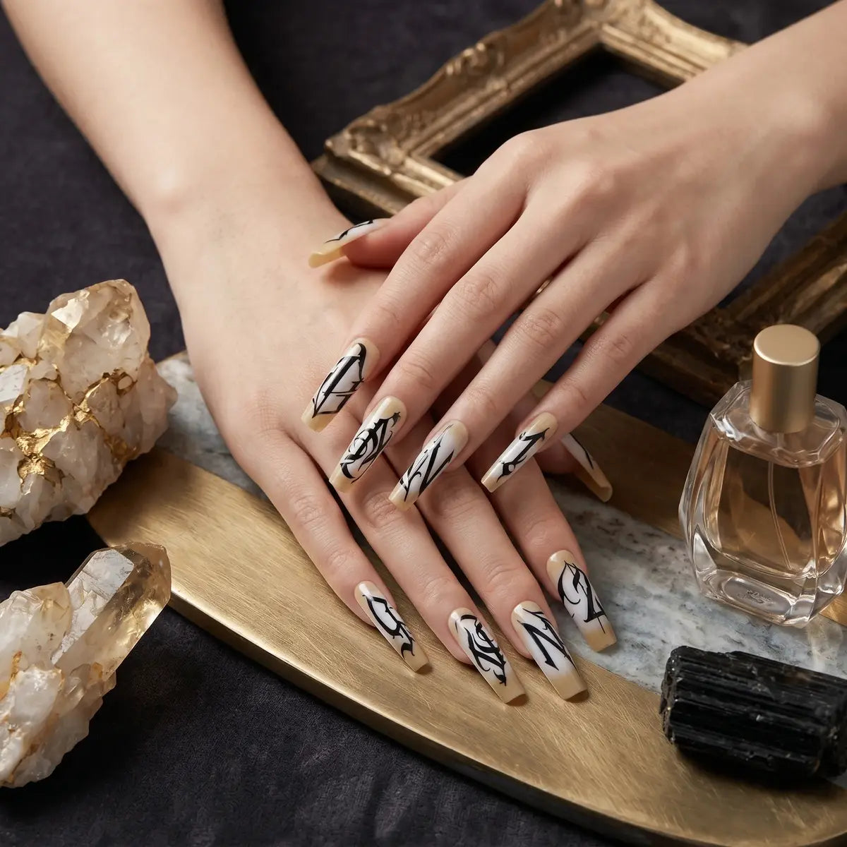 Kentrim nude gradient gothic script long coffin press-on nails, 30-piece set with 15 sizes for natural and stylish nail looks. Main image
