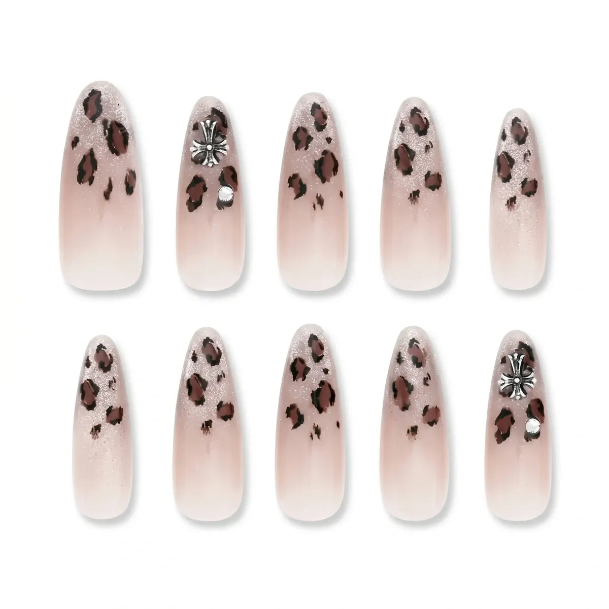 Kentrim Nude Gradient Leopard Cross Metal Almond Press On Nails - 30 Pieces, 15 Sizes Secondary image