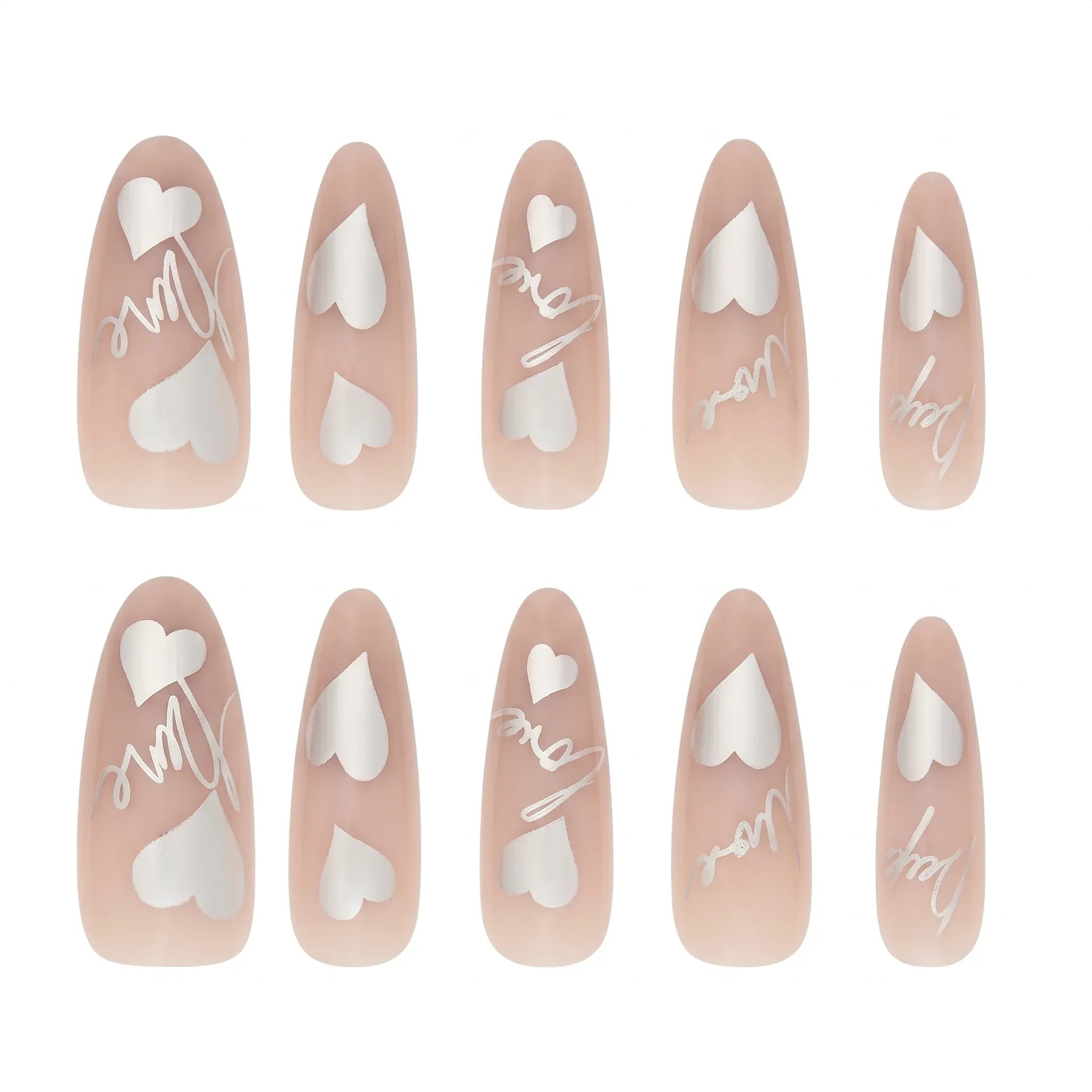 Kentrim Nude Silver Heart Cursive Letter Almond Press On Nails - 30 Pieces, 15 Sizes Secondary image