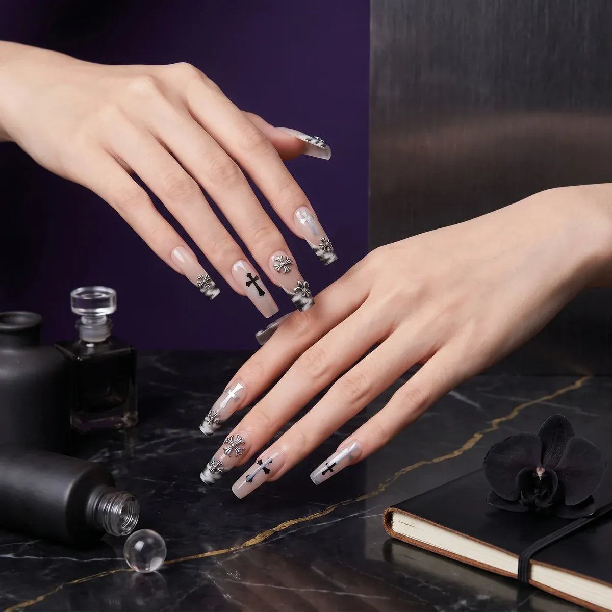 Press on Nails Kentrim Nude Smoke Cross Metal Charms Long Coffin Press On Nails - 30 Pieces, 15 Sizes Pink