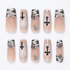 Press on Nails Kentrim Nude Smoke Cross Metal Charms Long Coffin Press On Nails - 30 Pieces, 15 Sizes Pink