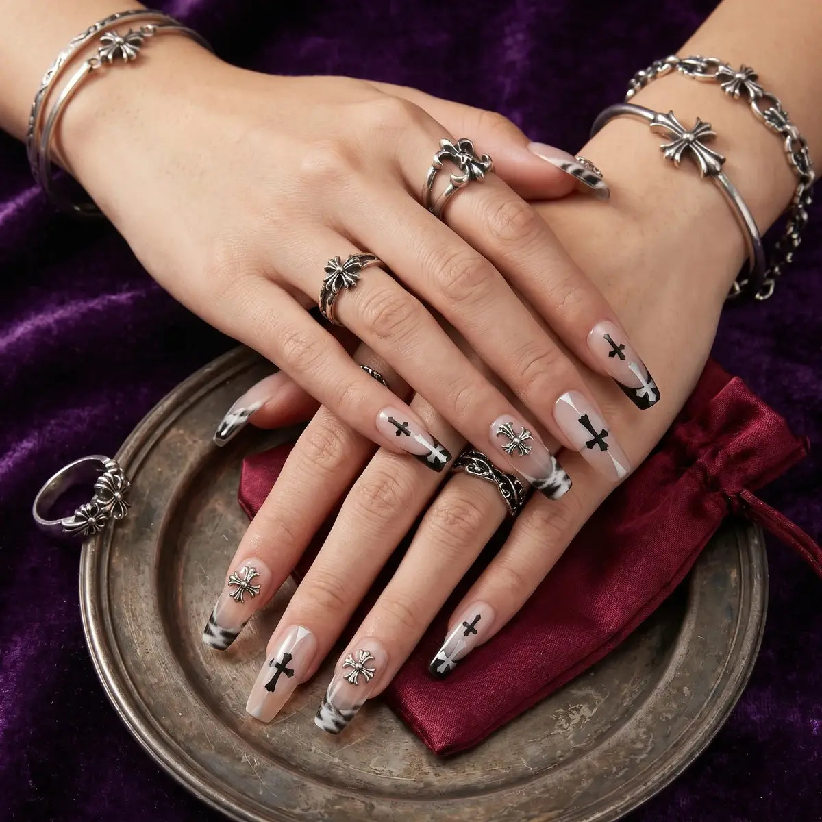 Kentrim nude smoke cross metal charms long coffin press-on nails with 30 pieces in 15 sizes, showcasing stylish nail design. Main image
