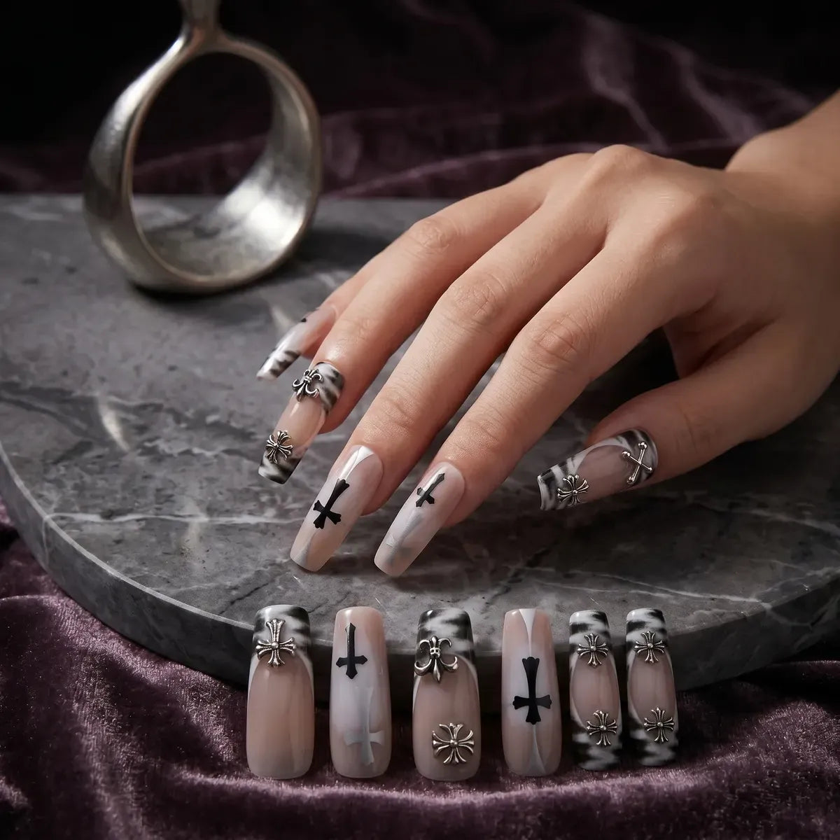 Press on Nails Kentrim Nude Smoke Cross Metal Charms Long Coffin Press On Nails - 30 Pieces, 15 Sizes Pink
