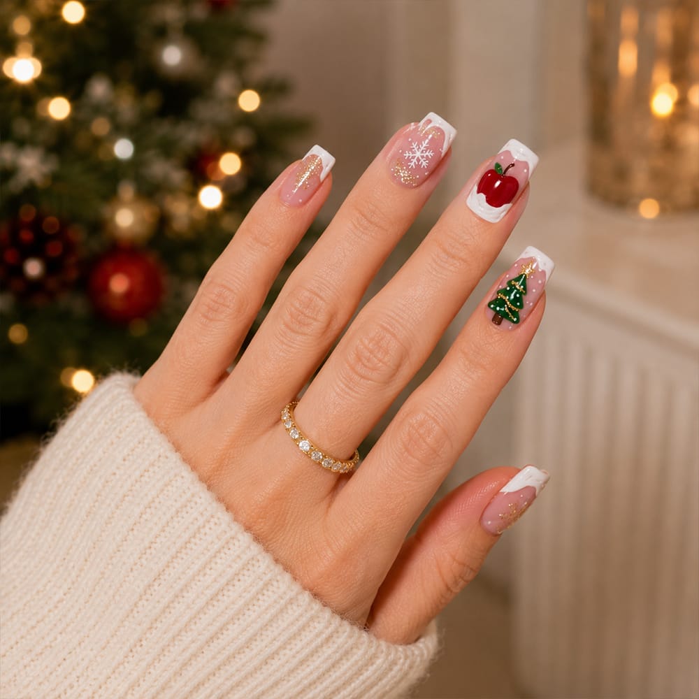 Press on Nails Kentrim Nude Snow Christmas Tree Apple Snowflake Medium Long Coffin Press On Nails - 30 Pieces, 15 Sizes Pink