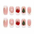 Press on Nails Kentrim Nude Snow Christmas Tree Apple Snowflake Medium Long Coffin Press On Nails - 30 Pieces, 15 Sizes Pink