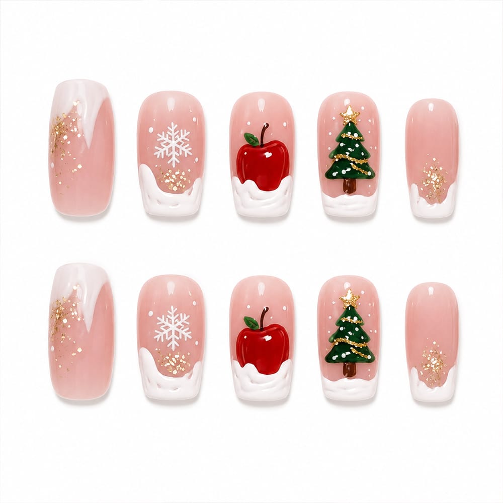Press on Nails Kentrim Nude Snow Christmas Tree Apple Snowflake Medium Long Coffin Press On Nails - 30 Pieces, 15 Sizes Pink