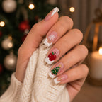 Press on Nails Kentrim Nude Snow Christmas Tree Apple Snowflake Medium Long Coffin Press On Nails - 30 Pieces, 15 Sizes Pink