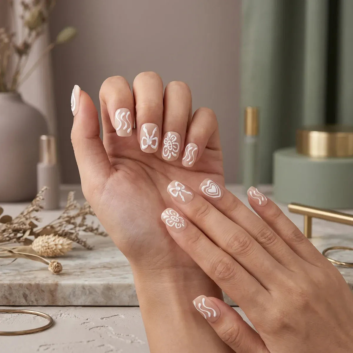 Press on Nails Kentrim Nude White Abstract Line Flower Short Square Press On Nails - 30 Pieces, 15 Sizes Beige