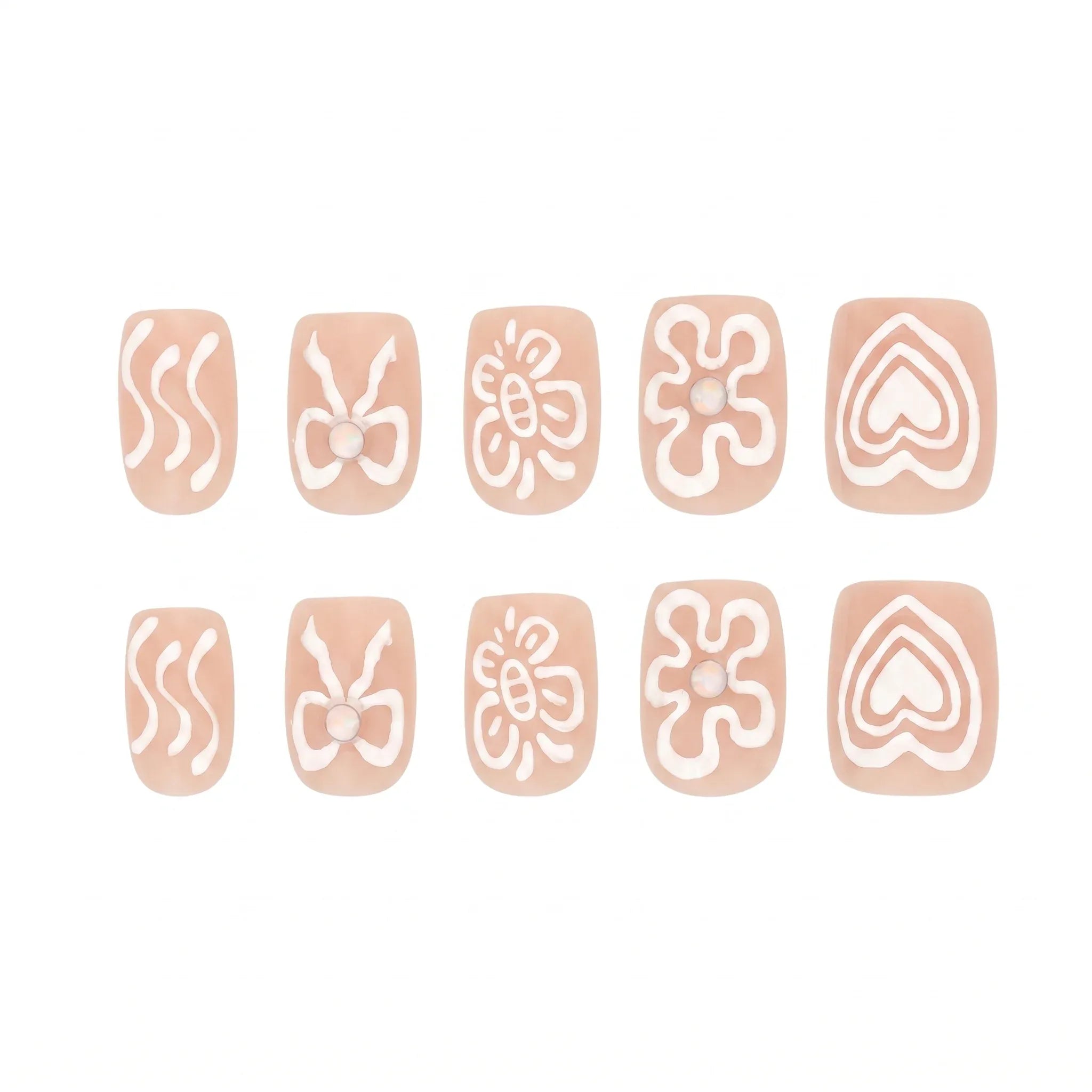 Kentrim Nude White Abstract Line Flower Short Square Press On Nails - 30 Pieces, 15 Sizes Secondary image