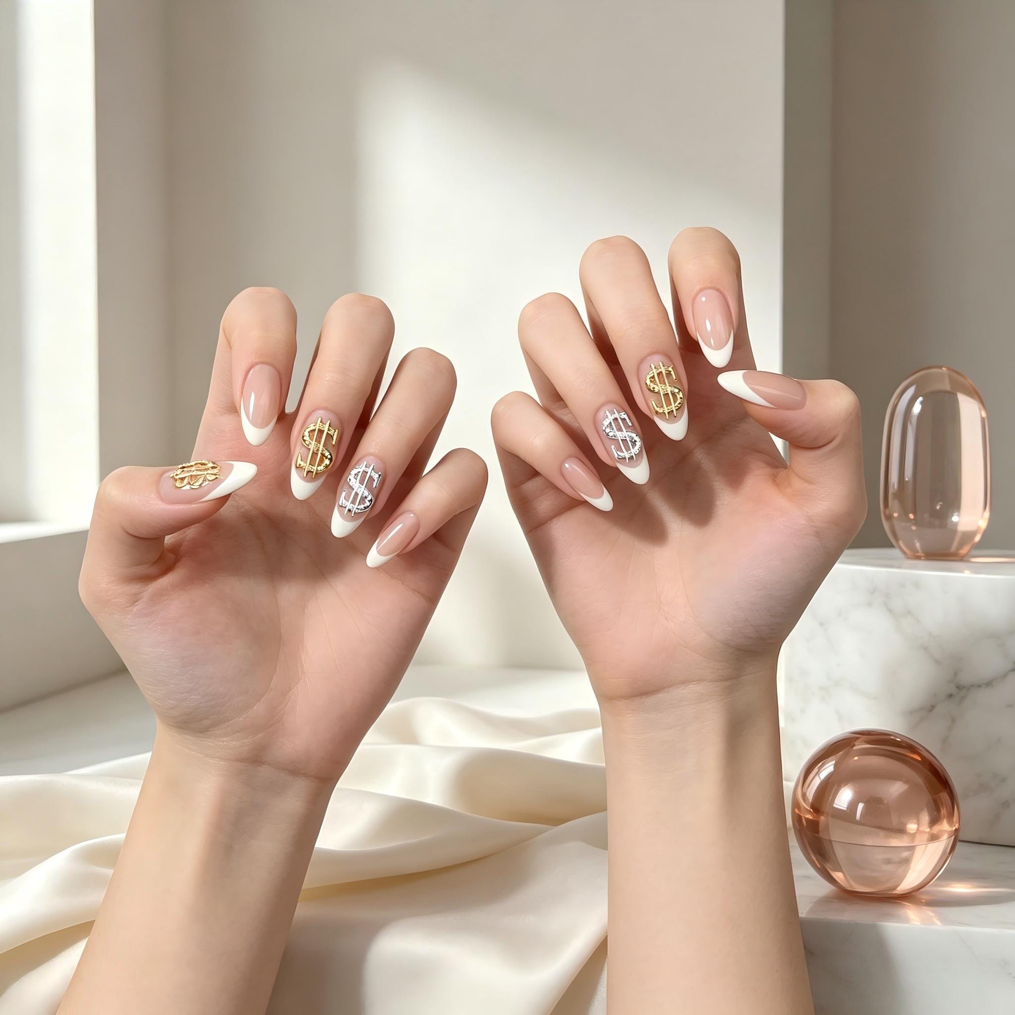Press on Nails Kentrim Nude White French Dollar Press On Nails - 24 Pieces (12 Sizes)